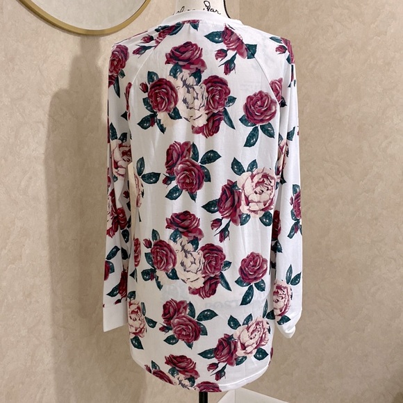 Red, Pink, and Green Rose Pattern Unisex Henley Top | LuLaRoe Mark - Picture 4 of 10